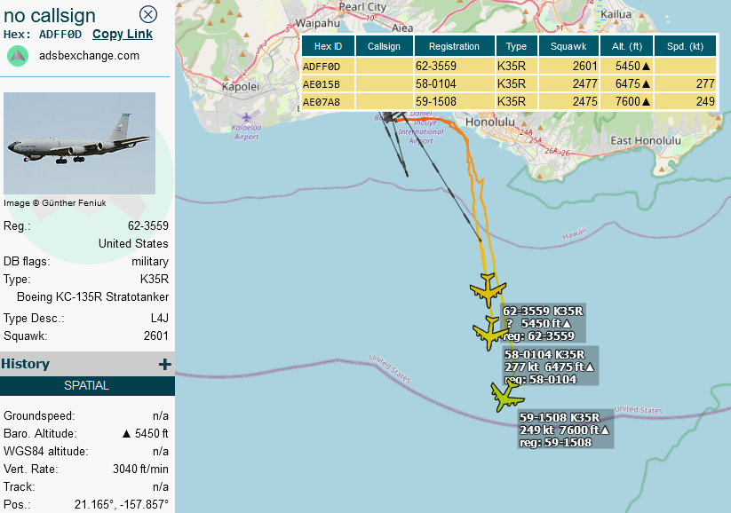 SirListenalot's tweet photo. 1700z #KC135's #AE07A8 #AE015B #ADFF0D as #PEARL95-97 out of Honolulu for AR with #E4 #GRIM99 https://t.co/lhE85W4krX