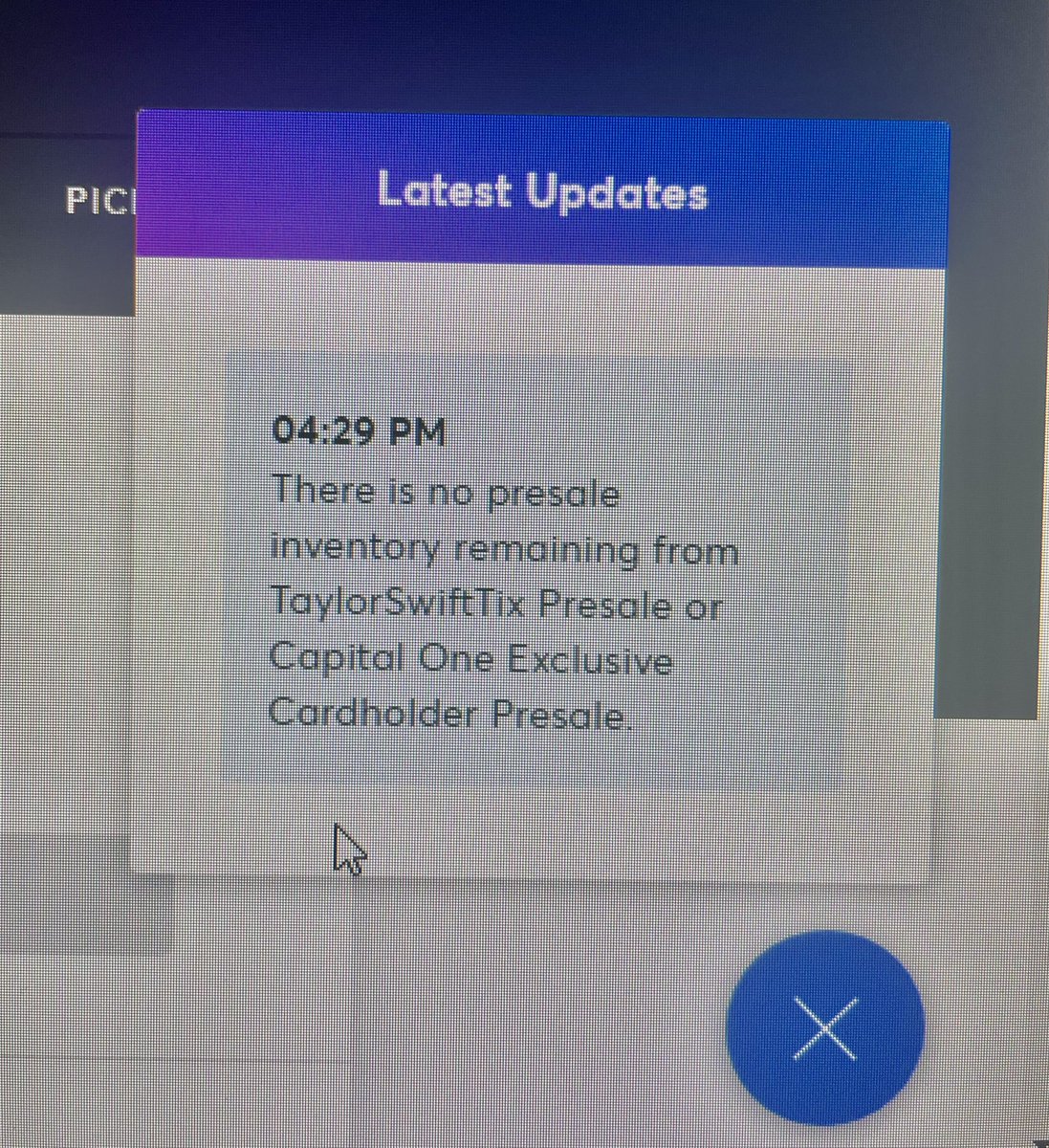 CharPletcher's tweet photo. @CapitalOne -after letting me get all the way to checkout with 3 @taylorswift13 tickets to be told I exceeded the max ( which was 6 )- then kicked to the back of the line and now told there is no inventory….not a great client experience 🤬🤬🤬 https://t.co/b2xzWGqvKR