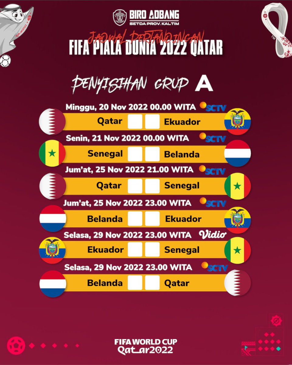 BiroAdbang's tweet photo. Hayya hayya, #BangTizen! 🇶🇦⚽️🏆

Untuk menyemarakkan gelaran Piala Dunia Qatar 2022, Biro Adbang merilis jadwal lengkap Piala Dunia Qatar 2022 🇶🇦mulai dari babak penyisihan grup hingga babak final yang bisa kalian save -> print -> tempel di kamar, dapur, toilet dimanapun kalian https://t.co/aLyKHaL5km