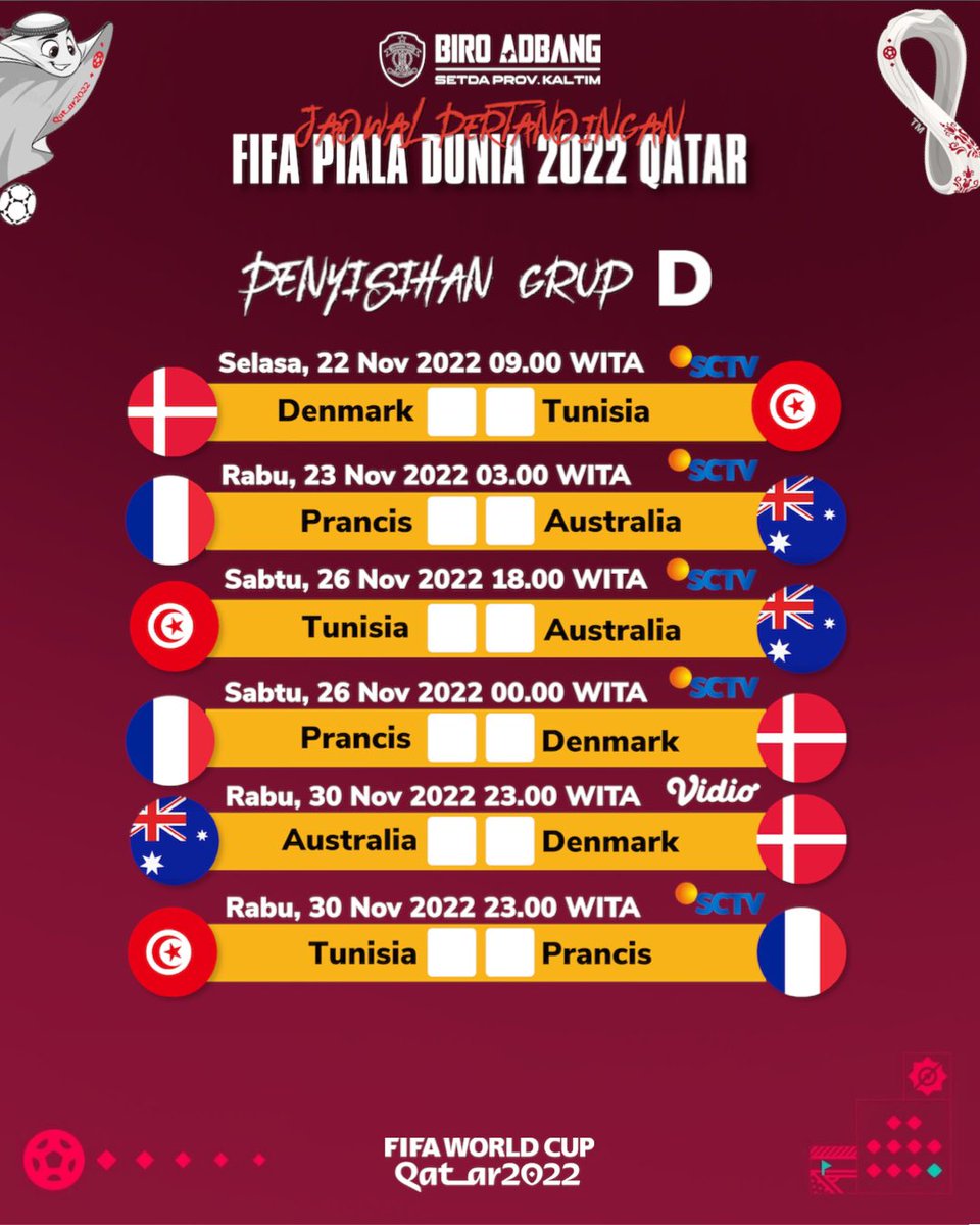 BiroAdbang's tweet photo. Hayya hayya, #BangTizen! 🇶🇦⚽️🏆

Untuk menyemarakkan gelaran Piala Dunia Qatar 2022, Biro Adbang merilis jadwal lengkap Piala Dunia Qatar 2022 🇶🇦mulai dari babak penyisihan grup hingga babak final yang bisa kalian save -> print -> tempel di kamar, dapur, toilet dimanapun kalian https://t.co/aLyKHaL5km