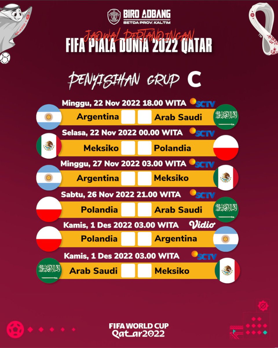 BiroAdbang's tweet photo. Hayya hayya, #BangTizen! 🇶🇦⚽️🏆

Untuk menyemarakkan gelaran Piala Dunia Qatar 2022, Biro Adbang merilis jadwal lengkap Piala Dunia Qatar 2022 🇶🇦mulai dari babak penyisihan grup hingga babak final yang bisa kalian save -> print -> tempel di kamar, dapur, toilet dimanapun kalian https://t.co/aLyKHaL5km