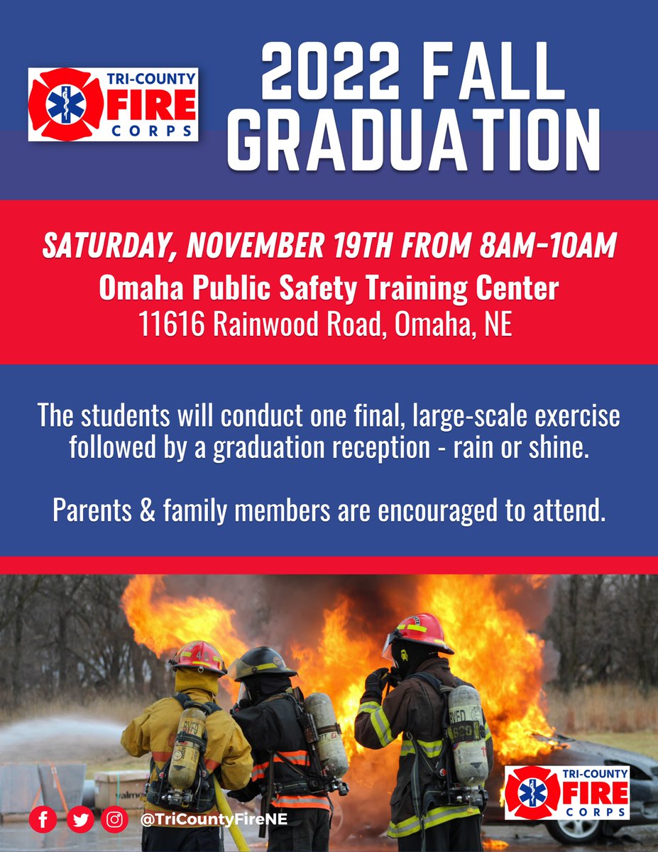 Graduation is this weekend! Parents and family members are encouraged to attend the 2022 Fall Program graduation on Saturday, 11/19 from 8am-10am at the Omaha Public Safety Training Center (11626 Rainwood Rd). Rain or shine.

Please click here to rsvp:
forms.gle/GxyZJwEgERgWWx…