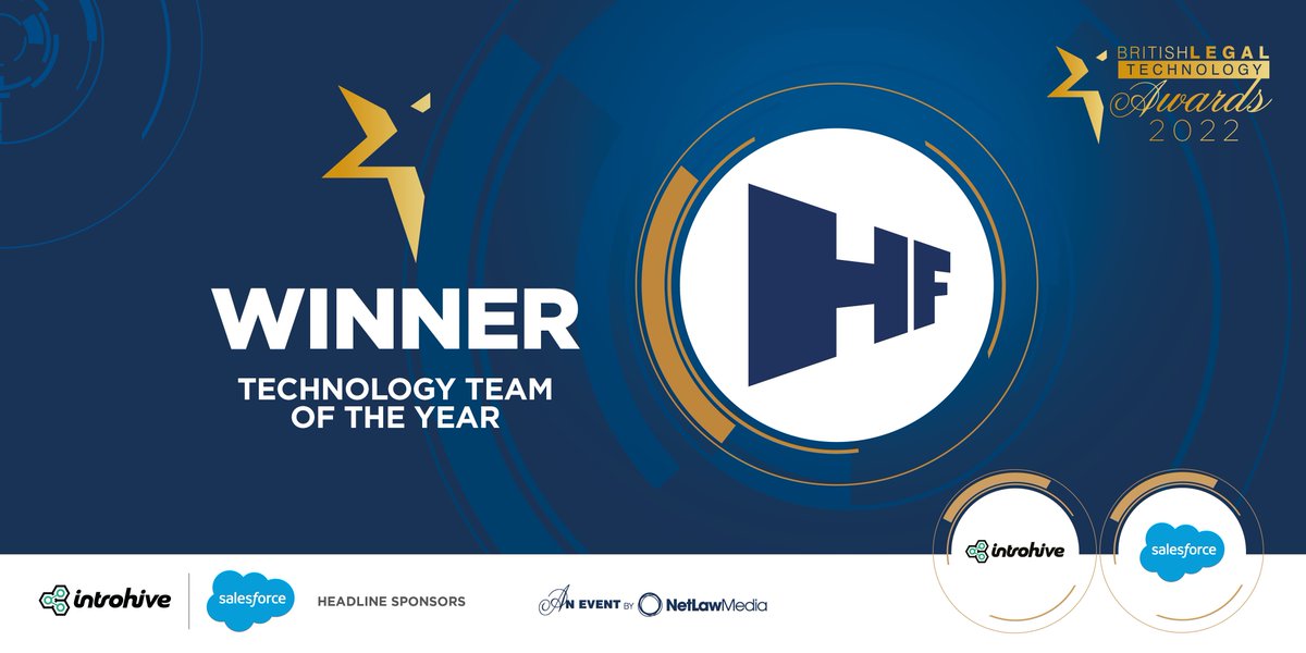 LegalTechNLM's tweet photo. WINNER of the ‘Technology Team of the Year' category – sponsored by @salesforce & @Introhive at ‘The British #Legal #Technology #Awards 2022’ is Horwich Farrelly
#BLTF22 #legaltech #legalit #lawfirm #legaltechnology https://t.co/lxjoSImAdo
