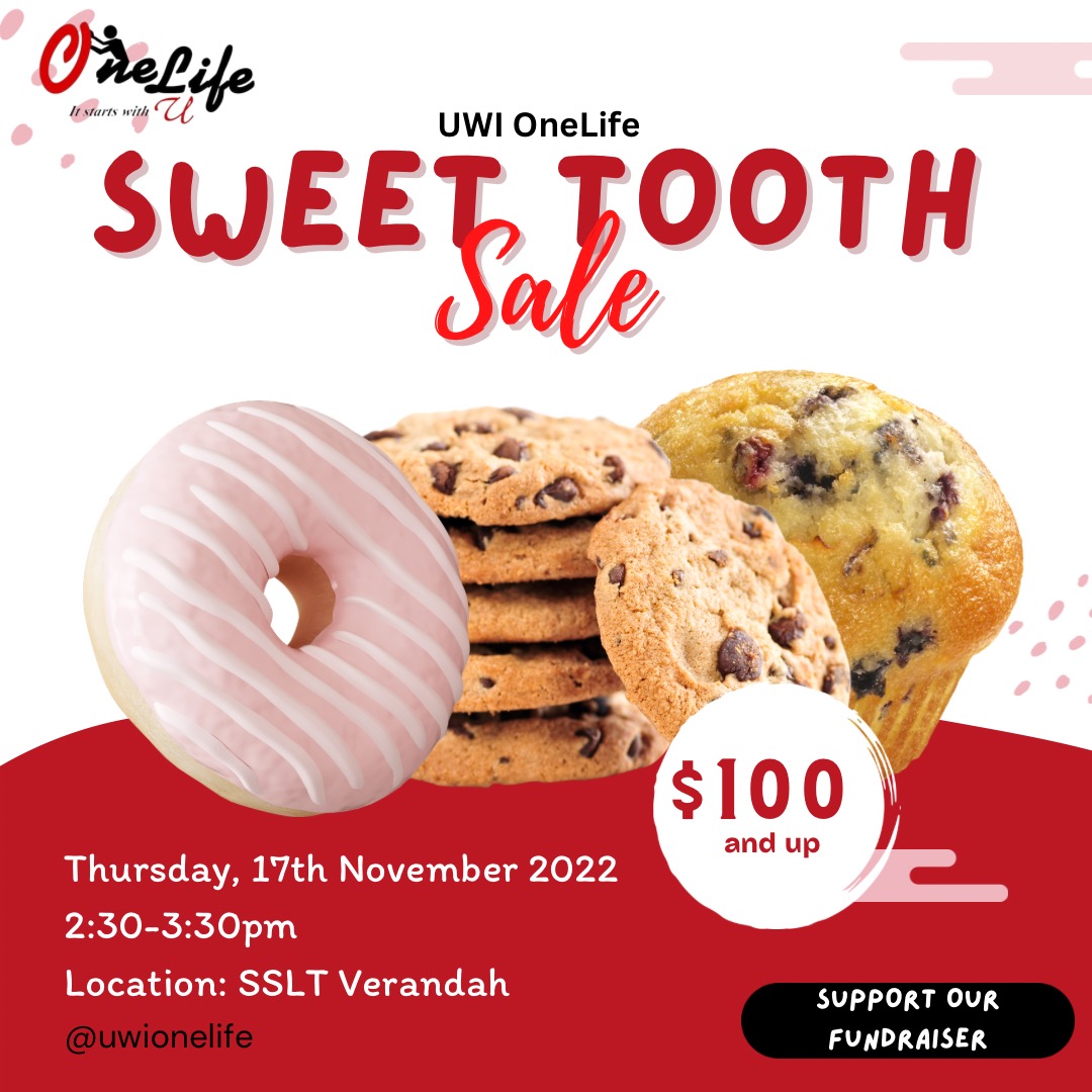 UWIMonaOneLife's tweet photo. UWI OneLife Mona presents their Sweet Tooth Sale🍰🍩🧁🍫  this Thursday, November 17 @ 2:30 at the SSLT Verandah📍. 

Reasonable prices from as low as $100👌🏾. Come on out and support the ting!💃🏿 Treat yourself to sweet products! 🍰🫠

#SupportDiTing
#UwiOneLife
#ItStartsWithYou https://t.co/zTRF2bAek0