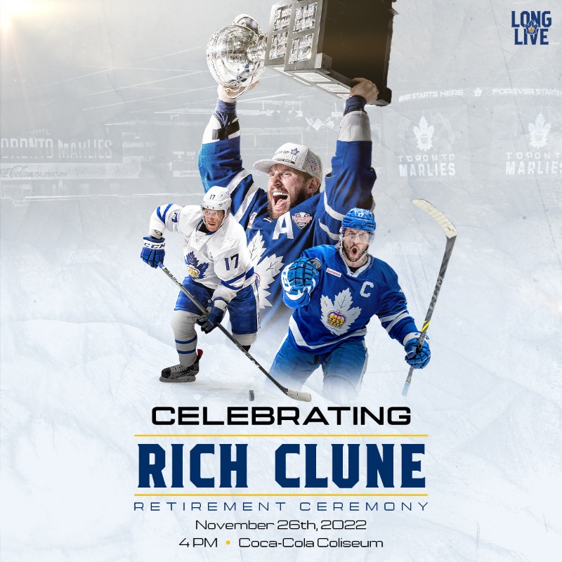 TorontoMarlies's tweet photo. Celebrating Cap 🎉 

Join us on November 26th as we celebrate and honour Rich Clune 💙 #ThankYouDicky