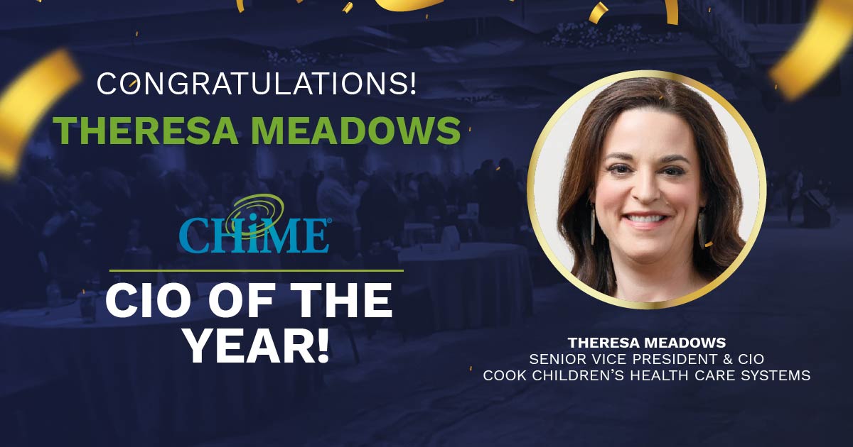CIOCHIME's tweet photo. Theresa Meadows [@tzmeadows], @CookChildrens Trailblazer, Receives #CIO Of The Year Award From CHIME! "She has distinguished herself through her contributions to the industry and to her organization” @chimeceo. Congratulations!

Press release: https://t.co/uxTptnxS3c #CHIME22Fall https://t.co/FiXJeYZWI3