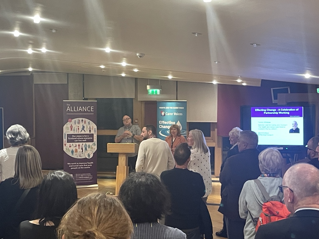 ChrisHWalsh's tweet photo. I enjoyed an evening with colleagues from @SocSecScot at the @ALLIANCECarerVo reception in Holyrood. 
@tommyNtour was once again inspiring. He is right when he says it’s all about people and relationships. He is one of those special people. 
#EffectingChange22 #EmbeddingKindness https://t.co/eAn5VYOxpN