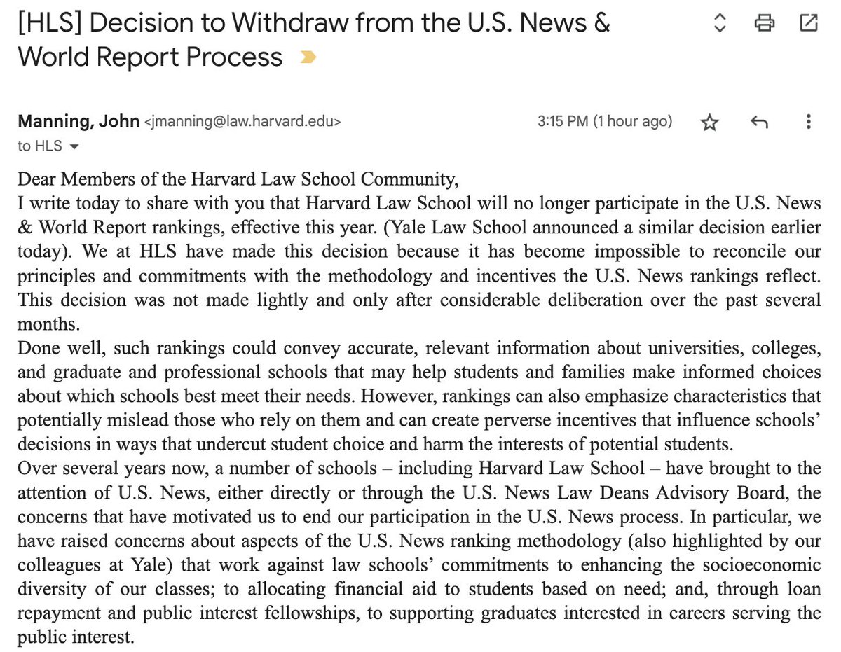 Klonick's tweet photo. Harvard Law School leaves U.S. News and World Reports Rankings, joins Mastodon https://t.co/TY8qYlwMVT