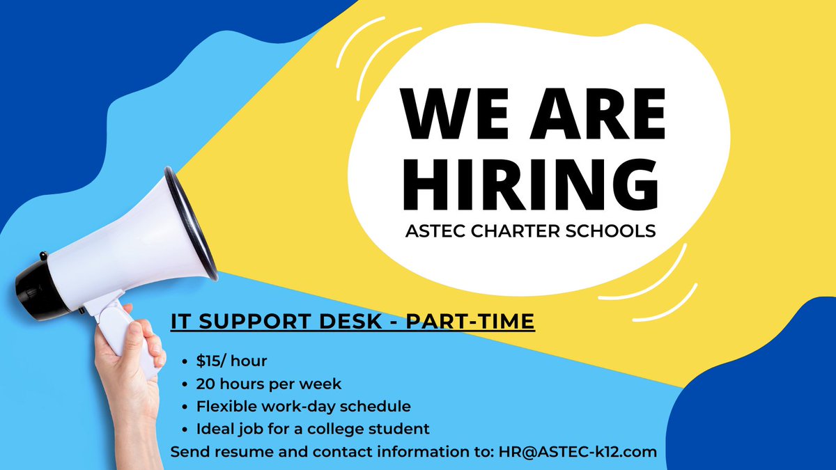 ASTECCharters's tweet photo. ASTEC Charter Schools is hiring! 

IT Desk - Part-time$15/ hour 
• 20 hours per week
• Flexible work-day schedule 
• Ideal job for a college student
Send resume and contact information to: HR@ASTEC-k12.com
#hiring #IT #collegejob #asteccharterschools #OKC https://t.co/nSzUQ6M6BK