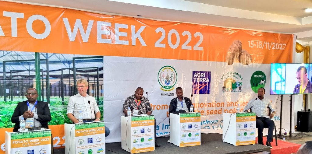 AgriterraRwanda's tweet photo. "How do we effectively control pest and diseases in potatoes?" Today, a panel composed of delegates from @RwandaAgriBoard, @InspectorateRw, #DRCongo, #Uganda, and the #Netherlands shared efficient methods to achieve disease-free potato production.

#Potatoweek 2022 https://t.co/o5coGJhZ7J