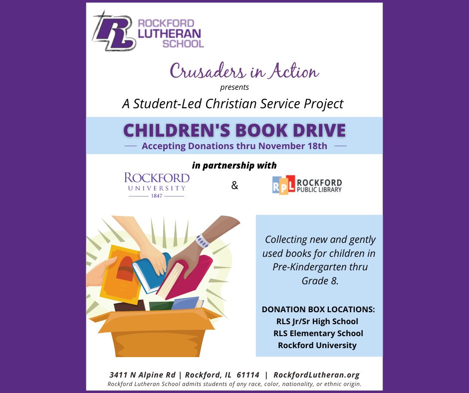 Seniors Shanell Jackson &amp; Ella Flamm, and Sophomores Visvai Subramanian &amp; Mathew Fairburn are leading their Christian Service Project, which includes a Children’s Book Drive with our 5th graders helping. Donations can be dropped off through this 11/18/22 at either campus.