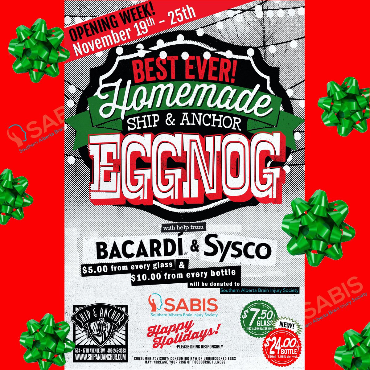 4pm Saturday November 19th we are kicking off #shipnog season with a special opening week fundraiser for <a href="/sabiscalgary/">SABIS Calgary</a> 

6oz glasses are $7.50 and 750ml bottles to go are $24

Thanks to support from @bacardicanada &amp; <a href="/syscocanada/">Sysco Canada</a> we are able to donate $5/glass &amp; $10/bottle sold