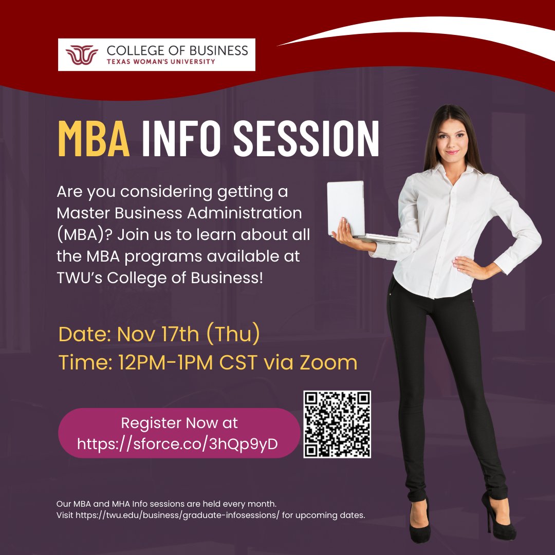 mak_college's tweet photo. Are you considering getting an MBA? Join our virtual info session tomorrow (Nov 17) at 12PM CST to learn about the programs at TWU COB! Register Here: https://t.co/MQoab6P68d
#TXWomans #TexasWomansUniversity #twucob #MBA #MBAdegree #ContinuingEducation #OnlineDegree https://t.co/Wf2q5zOjNa