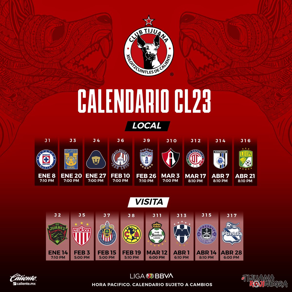 Xolos's tweet photo. Recién salidito del horno 🔥

Con ustedes 🥁🥁🥁...¡el calendario del torneo Clausura 2023!

*Con horarios del Pacífico 🫶 #TijuanaRojinegra 🔴⚫️ https://t.co/gUT7WGM3hV