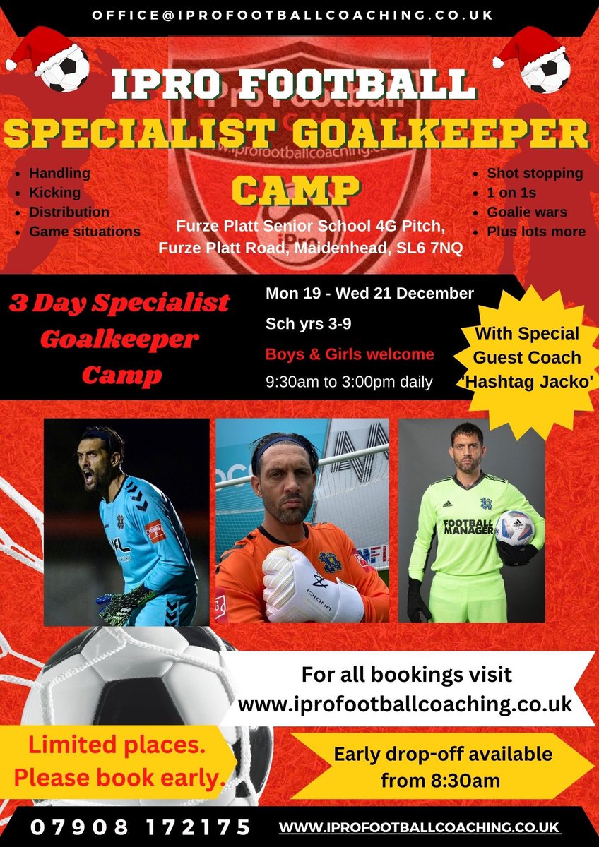 🔴⚫️ XMAS HOLIDAY SPECIALIST GOALKEEPER CAMP ⚫️🔴
<a href="/iProFootball/">iPro Football</a> 

🚨Special guest coach for the camp🚨

🙌 <a href="/HashtagJacko/">ℍ𝕒𝕤𝕙𝕥𝕒𝕘 𝕁𝕒𝕔𝕜𝕠</a> 🙌

🔥 <a href="/hashtagutd/">Hashtag United</a> 
🔥 <a href="/SoccerAM/">Soccer AM</a> 
🔥 Celebrity Gk

👐 Covering all the required Gk techniques 👐

✍️ Places are limited

Full booking details on flyer attached