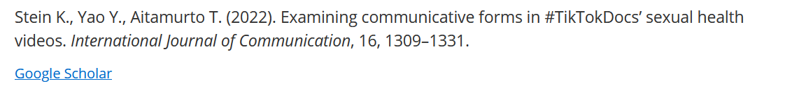stein_krysten's tweet photo. just got notification that our paper -- Examining Communicative Forms in #TikTokDocs' Sexual Health Videos -- received its first citation https://t.co/tJypcj5aql