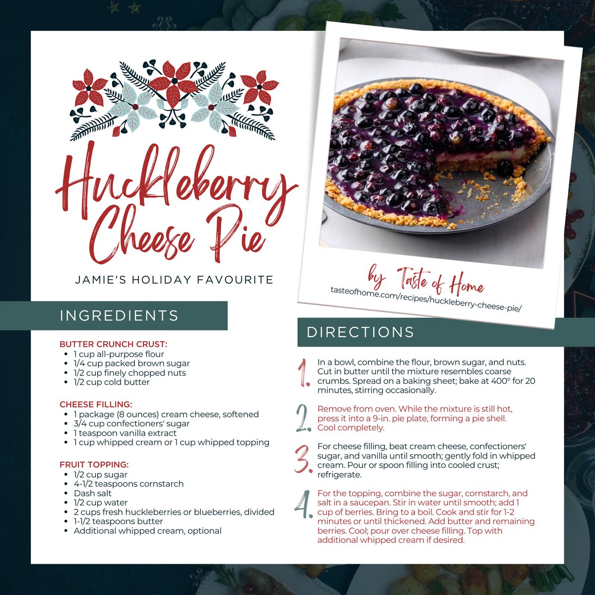 theloregroup's tweet image. Check out Jamie’s Favourite Holiday Recipe: Huckleberry Cheese Pie 🥧🎄
Link to the recipe: tasteofhome.com/recipes/huckle…
Share Your Favourite Holiday Recipe with us! 🎄
We’ll be selecting our favourites and adding them to our next month&apos;s newsletter! 😋
#ShareYourRecipe #TheLoreGroup