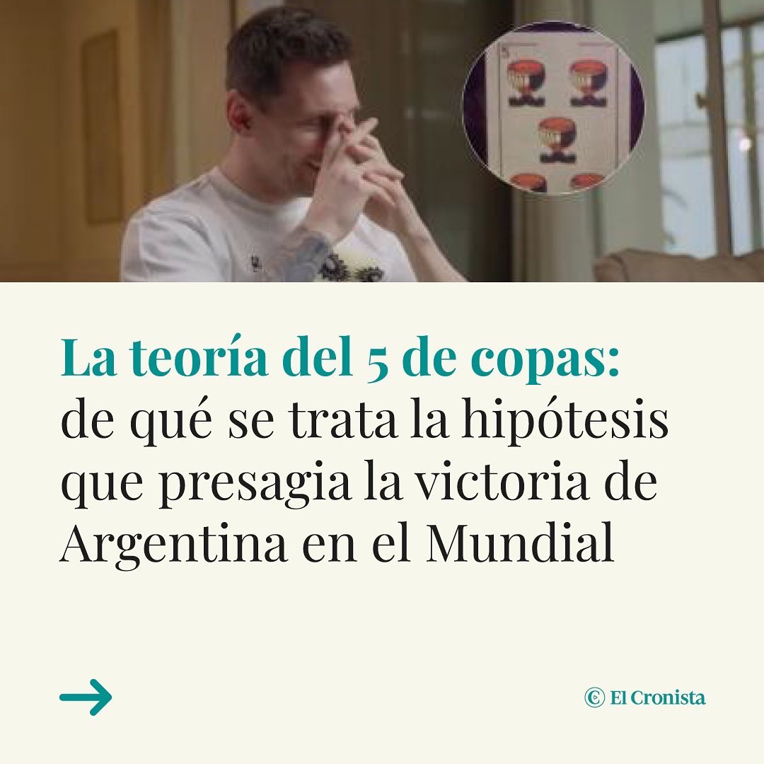 Cronistacom's tweet photo. ¿De qué se trata la teoría del 5 de copas que presagia la victoria de Argentina en el Mundial de Qatar?

Este martes se hizo viral una foto de Maradona jugando a las cartas y una de las que se advierte es el 5 de copas, que tuvo una historia especial con Lionel Messi 👇 https://t.co/riip7VJjU2