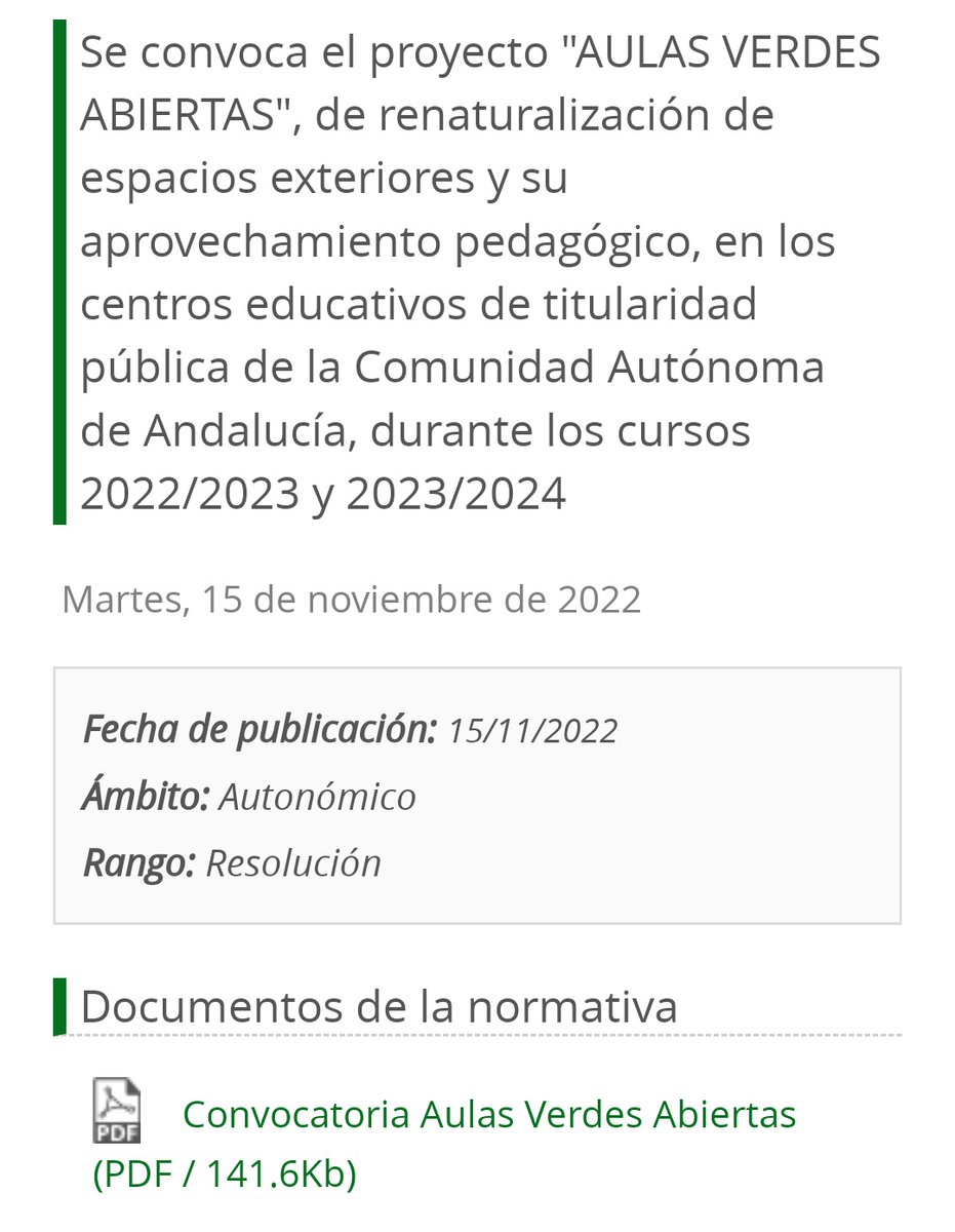 Otra vez la <a href="/EducaAnd/">Consejería Desarrollo Educativo y FP</a> vuelve a dejar de lado a los centros Concertados con el nuevo Proyecto Aulas Verdes Abiertas de @EducaAndInnova 
Son varios proyectos a los que podemos acceder o de los que no recibimos la parte económica
<a href="/FSIEAndalucia/">FSIE Andalucía</a> <a href="/FsieGranada/">FSIE Granada</a> 
Gracias <a href="/Patricia_Pozo_/">Patricia del Pozo</a>