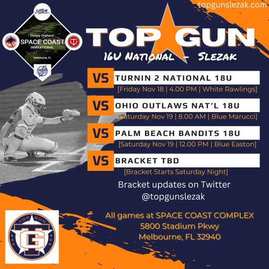 Final tournament of the Fall as we head to Melbourne, FL to compete in the Space Coast Invitational 16U/18U! LET’S GO!!! <a href="/topgunfastpitch/">Top Gun Fastpitch</a> <a href="/ExtraInningSB/">EXTRA INNING SOFTBALL</a>