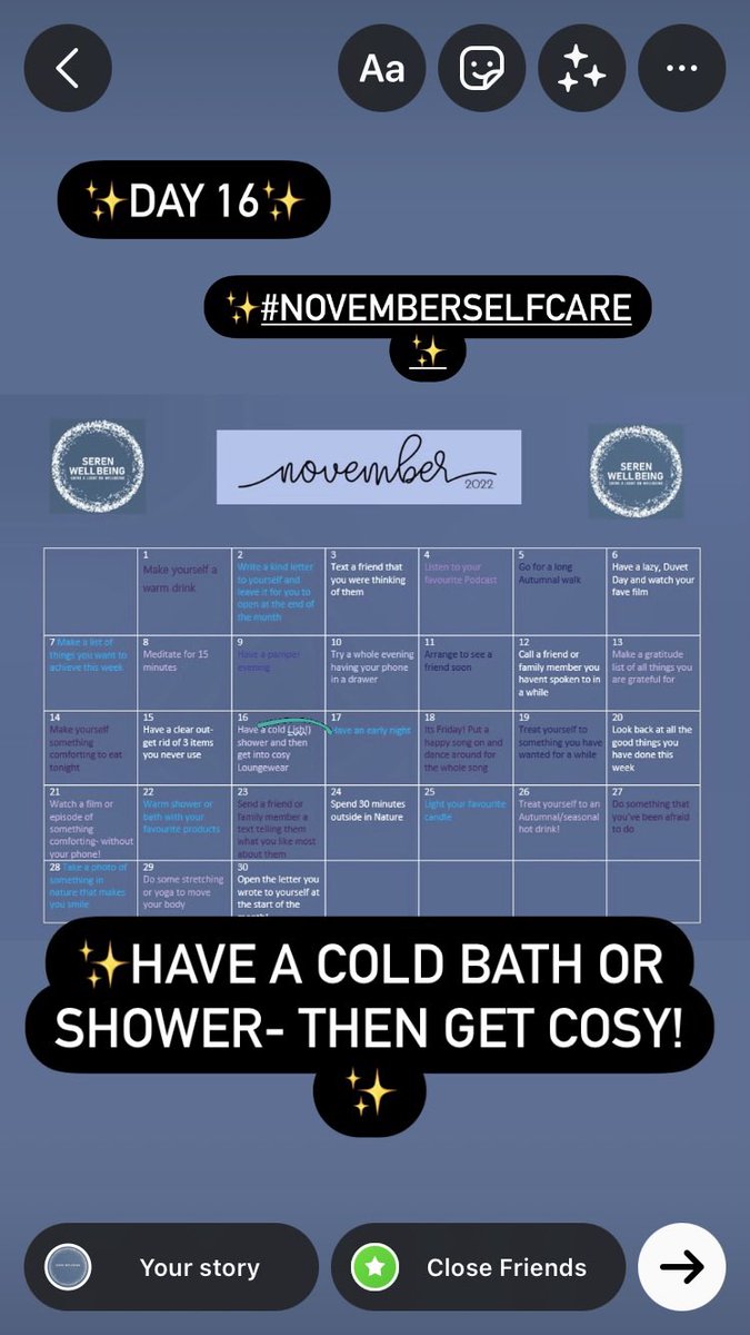 ✨Day 16-have a cold bath or shower and then get cosy in your favourite pjs or loungewear!✨
✨Did you know that a cool shower or bath is more likely to help you sleep deeper and longer?✨
#coldwatertherapy #deepsleep #cosy #selfcare #novemberselfcarechallenge #wellness