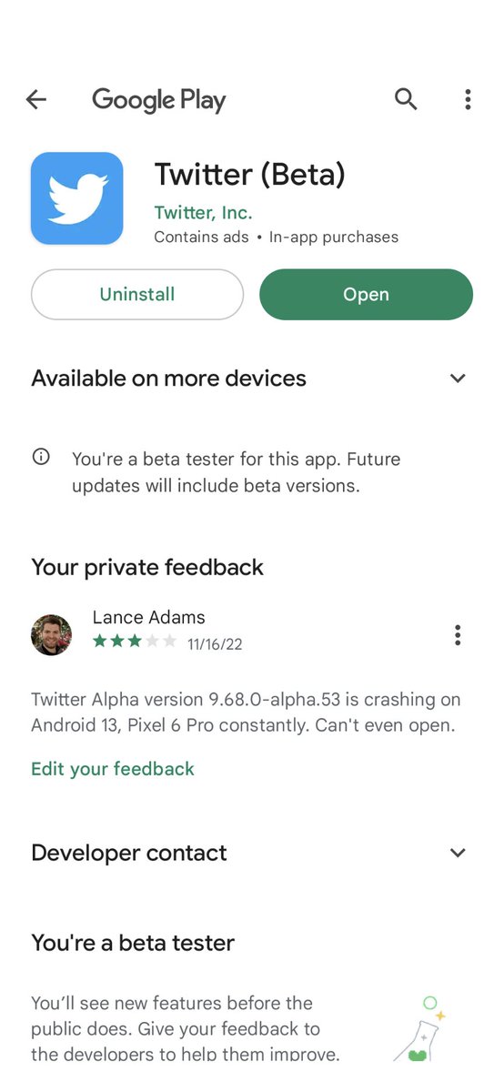TheLanceAdams's tweet image. #TwitterALPHA on @Android crashing for everyone else? @GooglePlay showing #Beta only right now. 

version 9.68.0-alpha.53