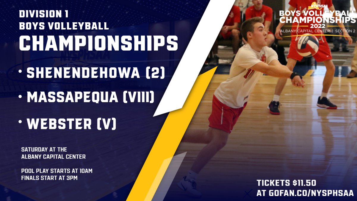 NYSPHSAA's tweet photo. 🏐Come see the best boys volleyball teams in the state at the Albany Capital Center Saturday!🥇

The 2022 division 1 and division 2 #NYSPHSAA boys volleyball championships start at 10am.

Get your tickets here:
https://t.co/8bvFxVj2oG https://t.co/mEoHCop2kB