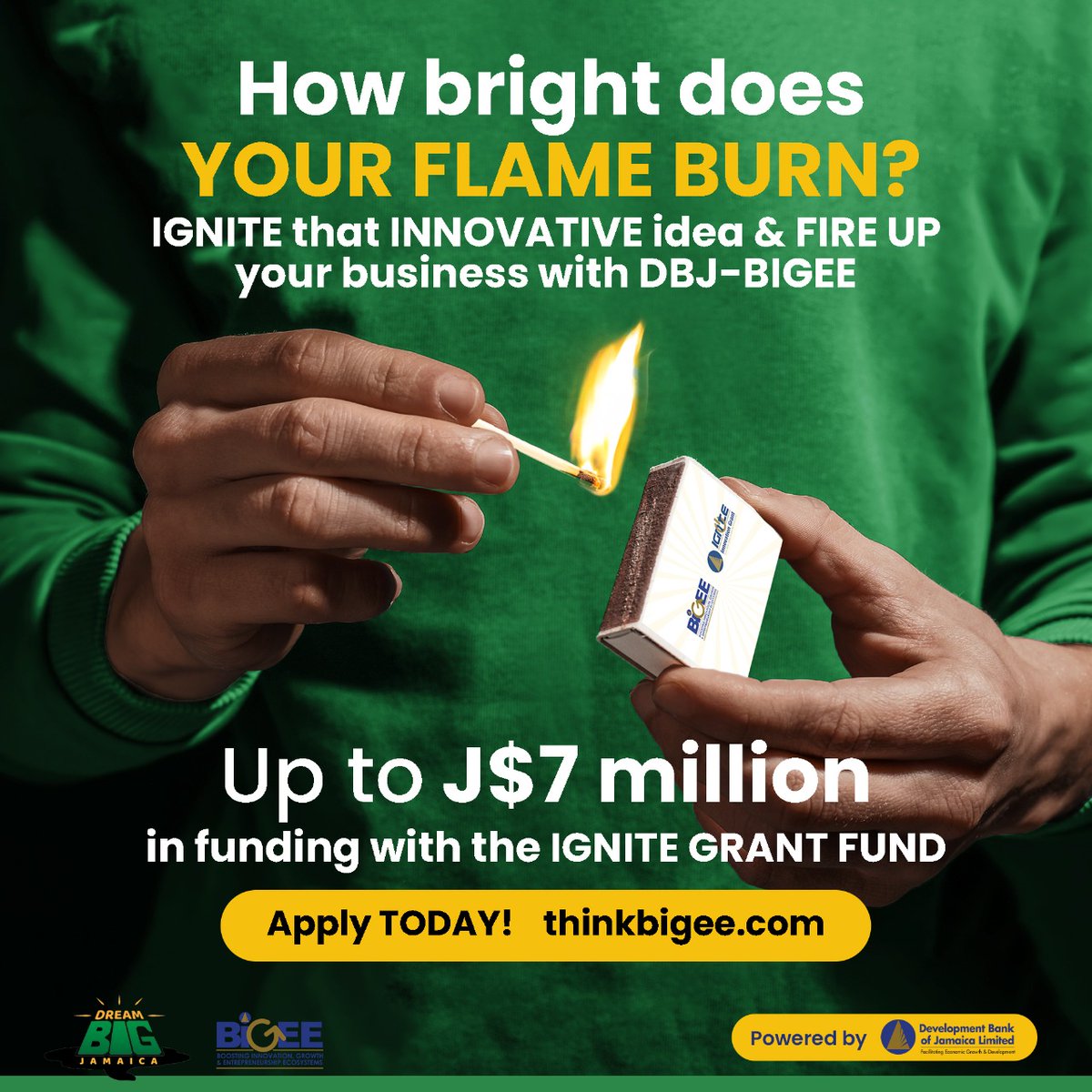 IGNITE IV APPLICATIONS NOW OPEN!

Apply at:thinkbigee.com/ignite/ Applications must be submitted by December 16, 2022 at 11:59 p.m.

IGNITE is the DBJ’s programme that targets innovative Jamaican small businesses which are seeking to grow and scale.<a href="/dbjamaica/">Development Bank Ja</a> <a href="/letsdreambig_ja/">Dream Big Jamaica</a>