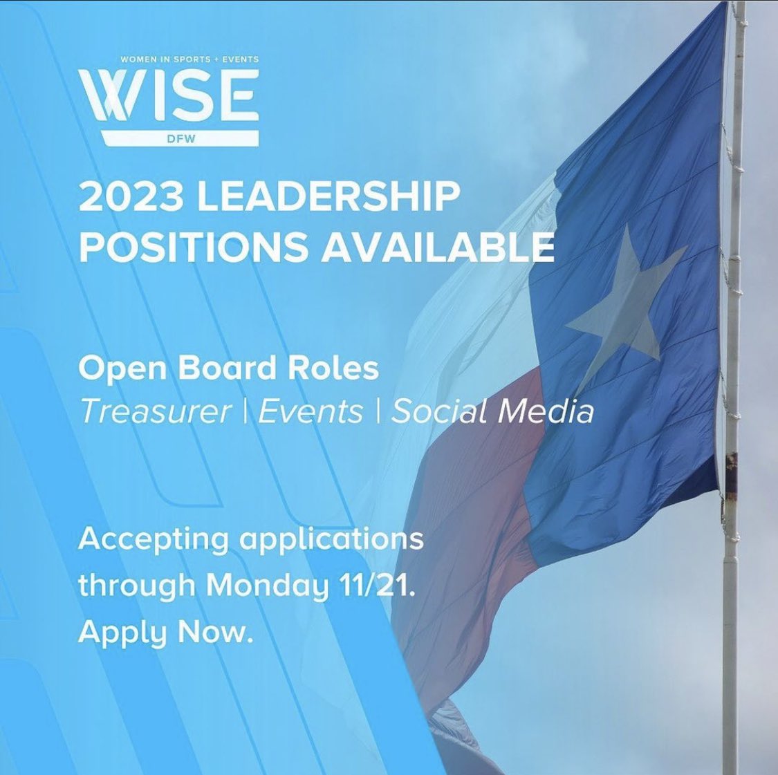 Just a little under a week to get your applications in for a chance to be on our WISE DFW Leadership Board! 

Deadline to apply is Monday, November 21. Link below to apply! 

 lnkd.in/dwQ8Qzyd