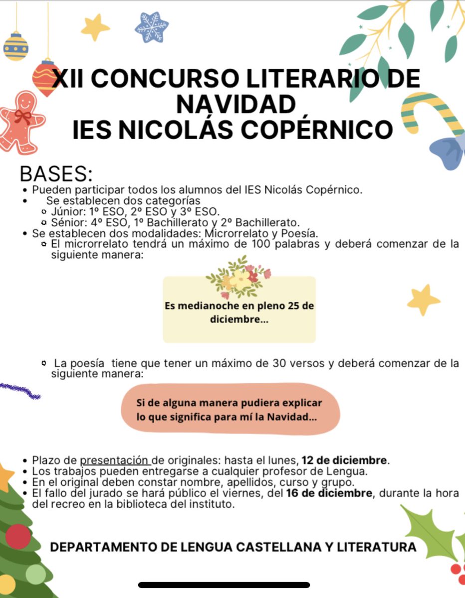 IESCopernico's tweet image. El Departamento de Lengua castellana y Literatura convoca el XII concurso literario de Navidad.
Bases y más información en nuestra web: educa2.madrid.org/web/ies.nicola…