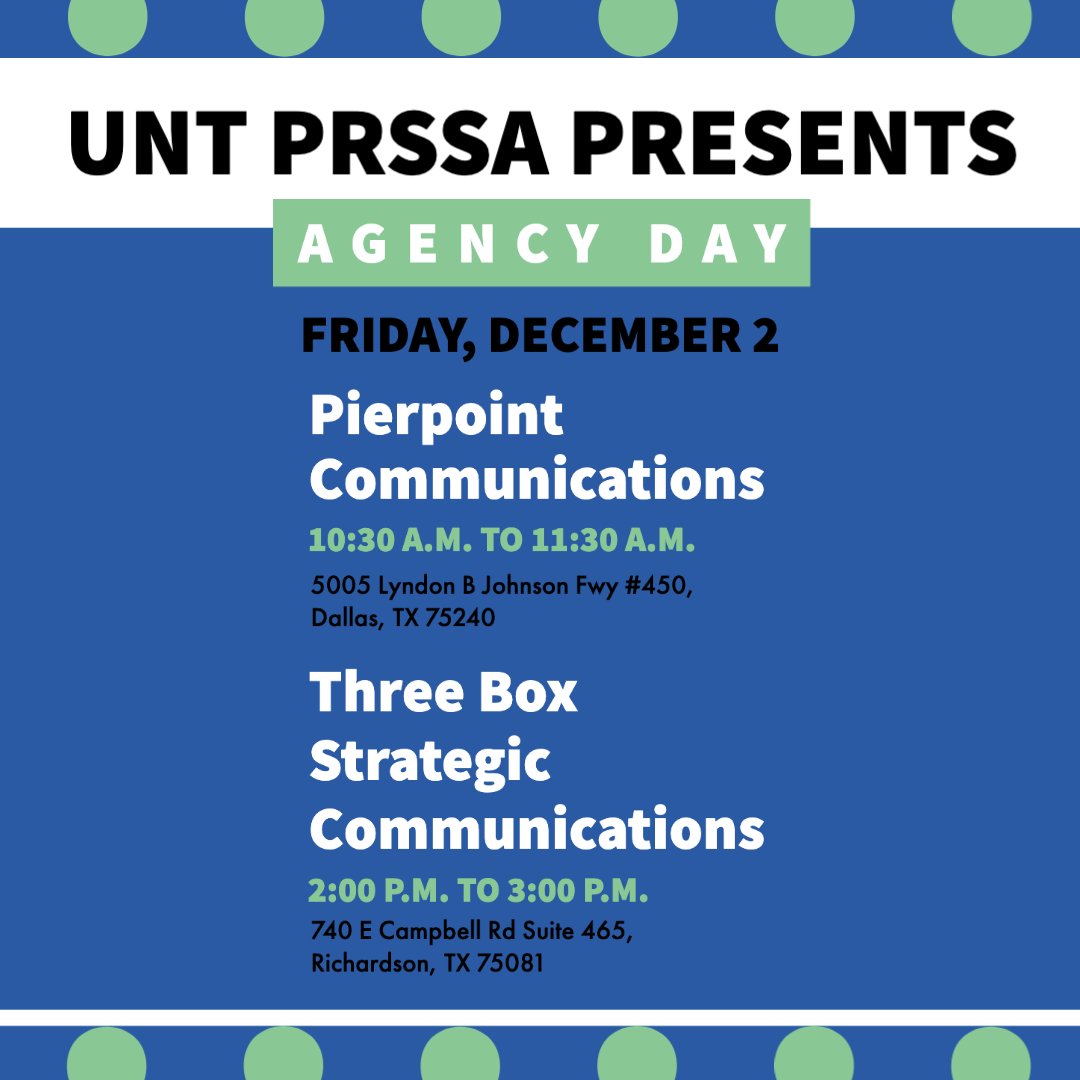 UNTPRSSA's tweet photo. Join #untprssa for a fun-filled day visiting #dfw agencies! Learn about the #publicrelations and #communications industries from professionals. #unt #gmg #maybornschoolofjournalism https://t.co/6lcRpBI7Dp