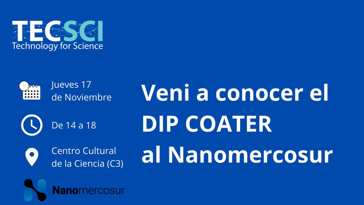 Mañana Jueves 17/11 de 14 a 18 estaremos en el #nanomercosur presentando nuestro nuevo equipo de Dip Coating. Vení a visitarnos! <a href="/nano_fan/">Fundación Argentina de Nanotecnología</a> <a href="/insunsam/">Instituto de Nanosistemas</a> <a href="/funintec_unsam/">FUNINTEC_UNSAM</a> <a href="/UNSAM_IDi/">Secretaría I+D+i │ UNSAM</a> <a href="/unsamoficial/">Universidad Nacional de San Martín</a>