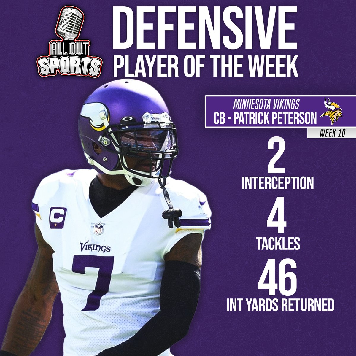 AllOutSportsPod's tweet photo. Two Minnesota Vikings get the AOS Players of the Week! Congrats to Justin Jefferson and Patrick Peterson! #Vikings https://t.co/W86hpjFy8n