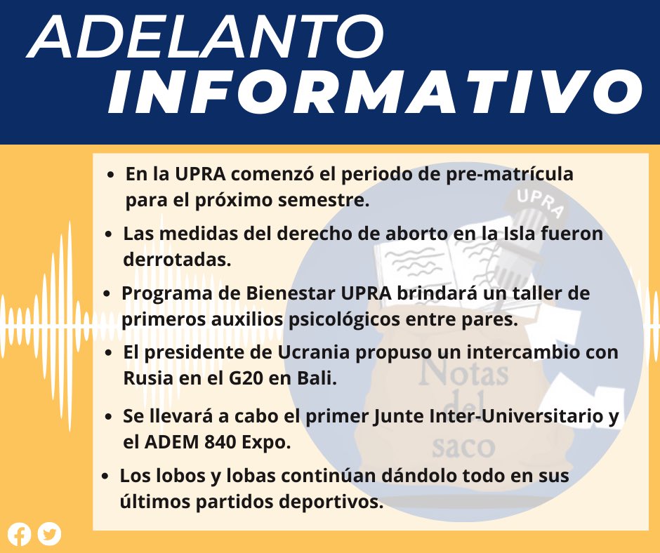 NotasDelSaco's tweet photo. Te presentamos un adelanto de las noticias más relevantes de la semana. ✨

No olvides sintonizarnos mañana jueves, para que te mantengas informado de todo lo que acontece.  🎙️

#COMUUPRA #orgulloUPR #UPRA #NotasDelSaco #UPRAWEBRADIO #nahjupra #MoreLatinosInNews https://t.co/xp7pzmpl40