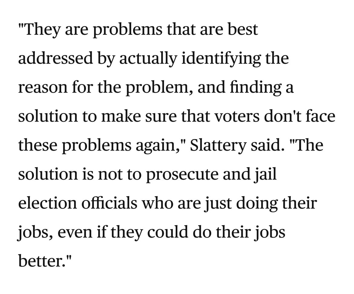 jcslattery's tweet photo. We should be working to make sure that voters don’t experience these same problems again — not throwing election officials in jail https://t.co/9GzwU3deaM