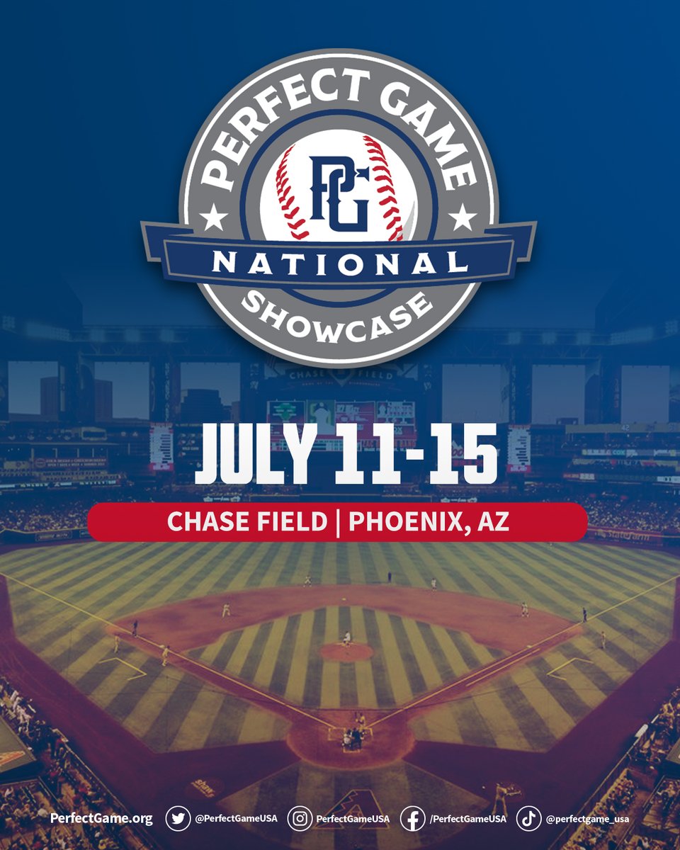 PerfectGameUSA's tweet photo. 2023 National Showcase is back at Chase Field in Phoenix, AZ! ⚾️ 🌵

July 11-15 | #PGNational

More Info: https://t.co/hZ36P16eRq https://t.co/EuARPqzU7t
