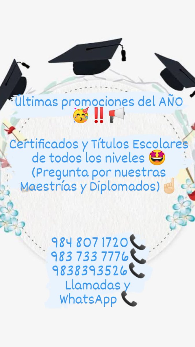 Joss_JH2's tweet photo. @MG_B_Trabajo Ofertas de BUEN FIN 🥳📢

En todo tipo de trámite escolar‼️
Primaria📌Secundaria📎Preparatoria📌Universidad📎
Maestrías y Diplomados 🏫

984 319 1630📞
984 807 1720📞
Comunícate para 
Más información 🚨 https://t.co/6DttMAYPtw