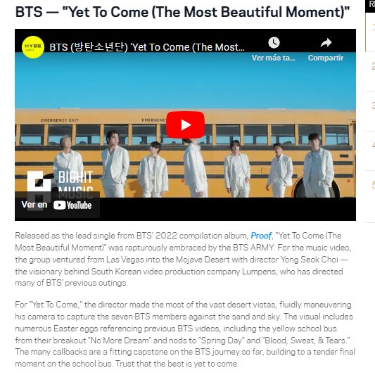 btschartsxdaily's tweet photo. #GRAMMYs Best Music Video - BTS "Yet To Come

For "Yet To Come," the director made the most of the vast desert vistas, fluidly maneuvering his camera to capture the BTS against the sand and sky. The visual includes numerous Easter eggs referencing previous BTS videos, including+ https://t.co/6UBZSPxsYT