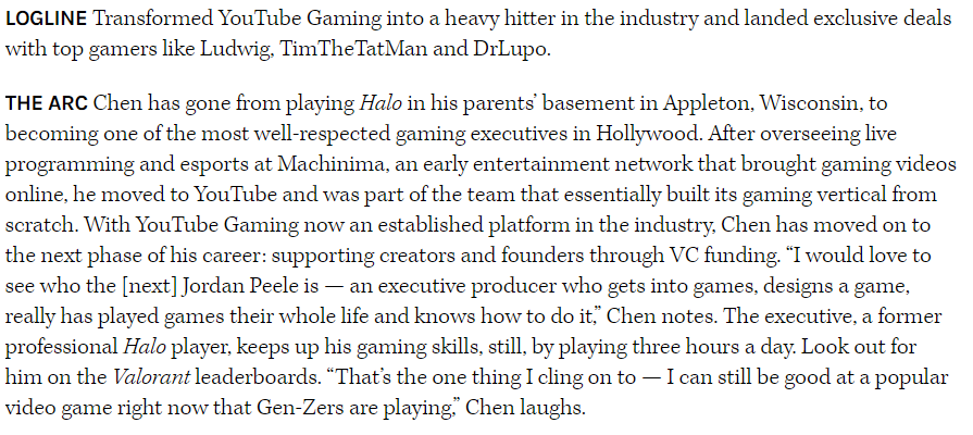 Honored to be named in this year's Hollywood Reporter 35 Under 35 Rising Executive list. 🍿🎮

Proud to do my small part in pushing Gaming to the forefront of entertainment and am grateful for <a href="/a16z/">a16z</a>, <a href="/YouTube/">YouTube</a>, and everyone who has believed/supported in me throughout my career!