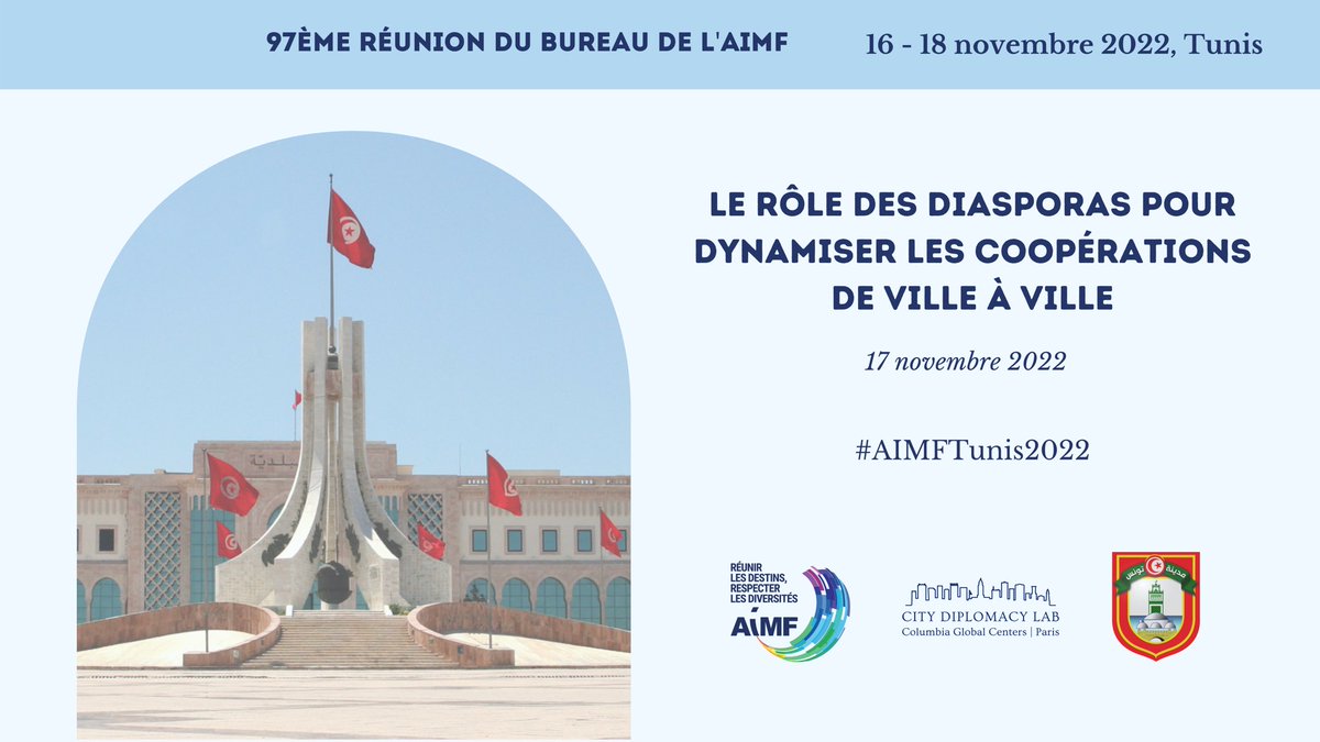 CityDiploLab's tweet photo. Comment mettre à l'échelle la contribution unique des diasporas à la #diplomatiedesvilles ?

Réponses demain à l'Hôtel de Ville de #Tunis dans cet atelier #AIMF - #CityDiplomacyLab avec des élus locaux maghrébins et européens d'origine maghrébine

#AIMFTunis2022 #CoopDéc https://t.co/D2VZfYkW99