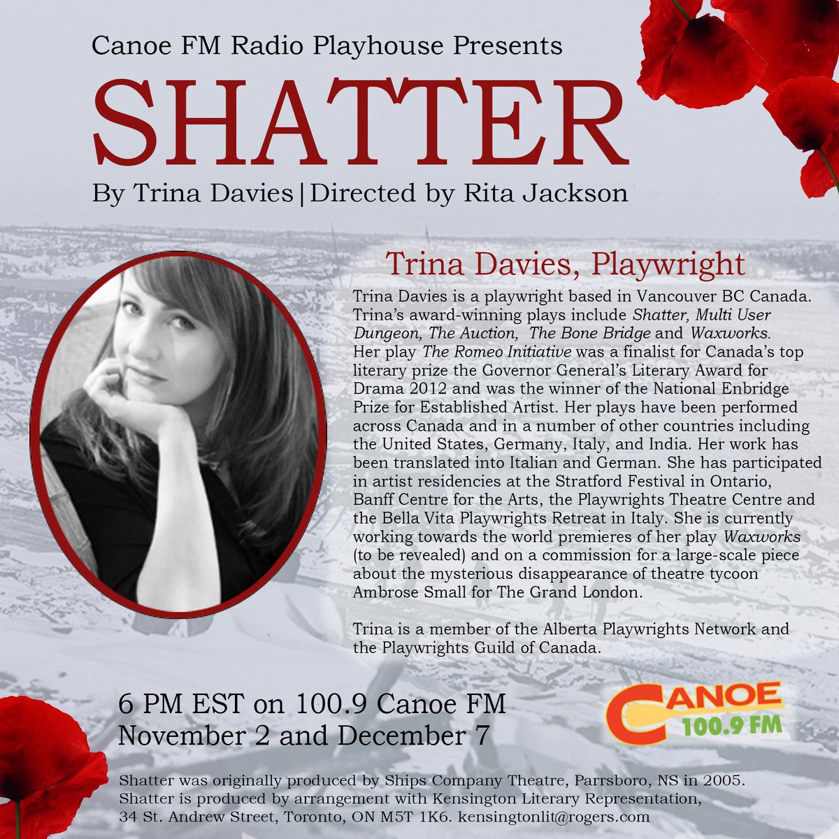 RitaCJackson's tweet photo. On Radio Playhouse @ 6 tonight Nov 16 an exclusive interview with the playwright of SHATTER @TrinaLDavies on 100.9 @CanoeRadio.  
#VolunteerRadio #CommunityRadio #myhaliburtonhighlands #theatre #RadioTheatre #pgc50 #yearoftheplaywright #canadianstories @_amythecat https://t.co/Rb9BG3X7BJ