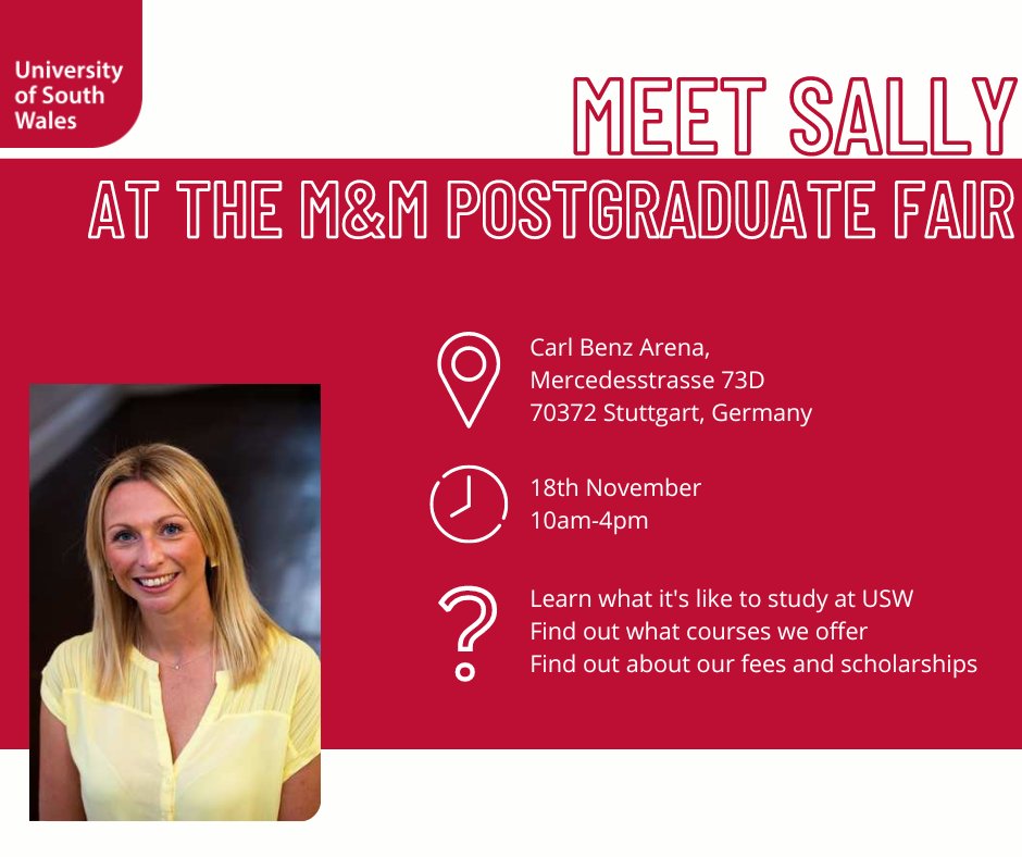 We're attending the M&M Postgraduate fair this Friday in Stuttgart, #Germany!🇩🇪 Come along between 10am-4pm to meet Sally Fairburn and ask her any questions you may have about USW! More info: j1l.in/dOhEcm