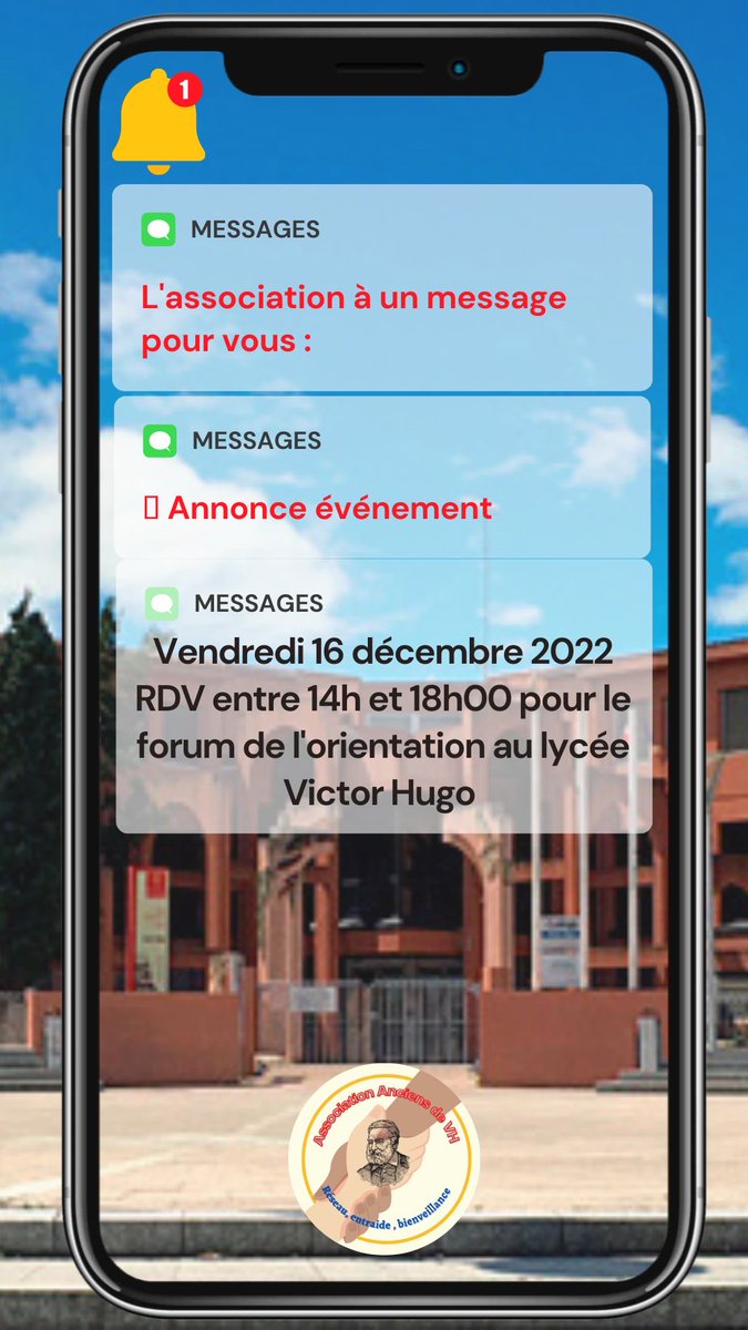 AEVH12's tweet photo. 📢 Annonce:
RDV le Vendredi 16/12 pour le forum des anciens élèves de @HugoLycee : présentation de vos formations à destinations des élèves de terminales. 
Inscription obligatoire via ce lien 👉 https://t.co/4Gr8ZEettX  
On compte sur vous ! Soyez nombreux pour ce rdv https://t.co/rCFmfUahou