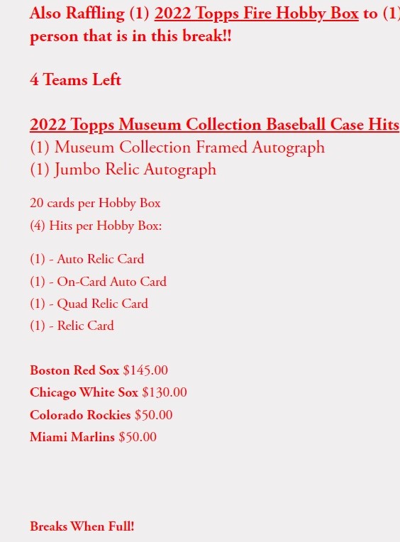 GZCardBreaks's tweet photo. 2022 #ToppsMuseumCollection
PYT FULL CASE BREAK

(1) Who enters this break will win (1) 2022 Topps Fire Hobby Box
 
DM/Comment or claim on the website
https://t.co/IQOex2Iw1C…

Only 4 teams left!!
BREAKS WHEN FULL
@sports_sell
@Hobby_Connect 
@HobbyConnector
@Ruglabok
@ZKazman https://t.co/igotNwfrDy