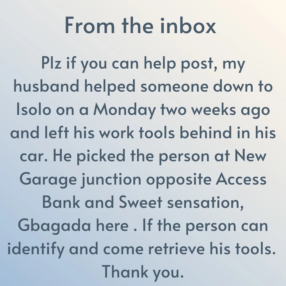 MyGbagada's tweet photo. Did you forget your work tools in a vehicle that you boarded from Roundabout to Isolo some weeks ago?

Holla if you do and want it back. https://t.co/srY85CJQGs