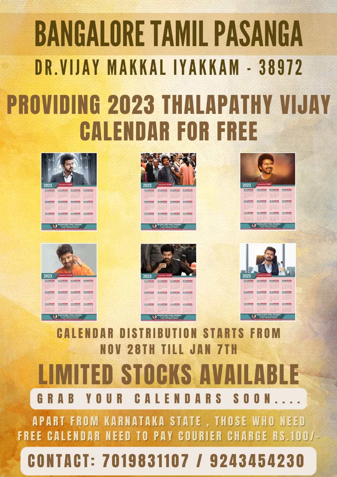 Vijay Team Online on Twitter: "Thalapathy Vijay 2023 Year Free One Side  Sheet Calendar Distribution By @BTP_Offl VMI Team.. Contact below No. for  Order 👍 #Varisu @ActorVijay https://t.co/BTyUBynKYr" / Twitter