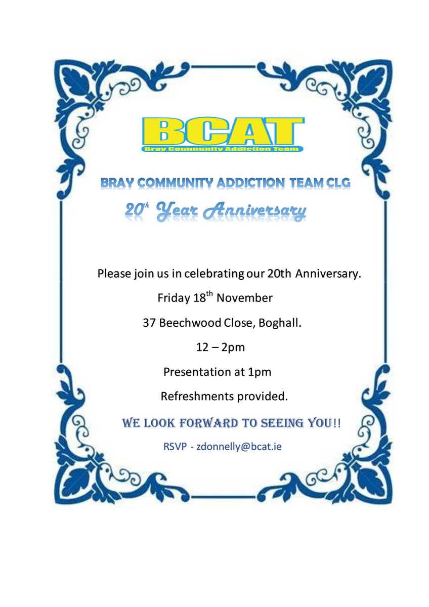 AddictionBray's tweet photo. We would like to invite you to celebrate our 20th anniversary on Friday the 18th of November at 37 Beechwood close Bray from 12-2pm. You can chat to our team on site and find out about what we do. We would love to see you there  to celebrate with us! https://t.co/utGIVwkSUv