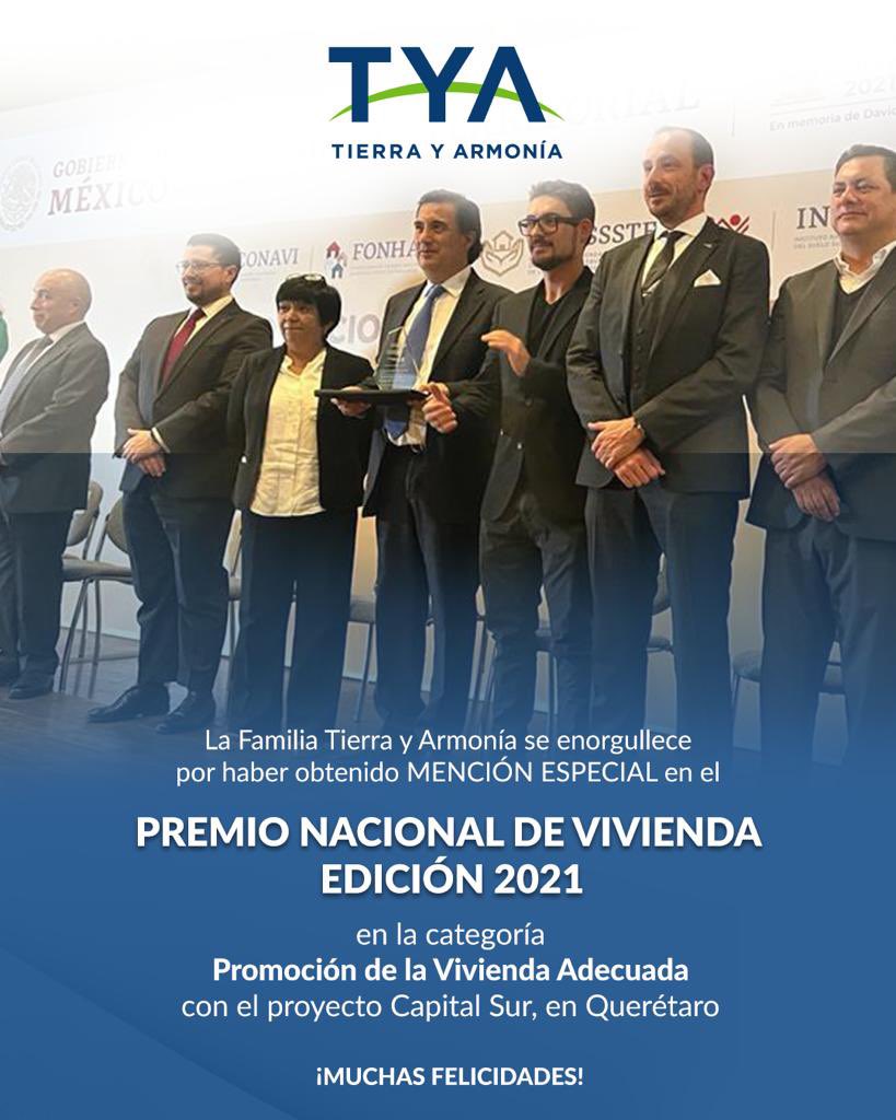 Hoy toda la familia Tierra y Armonía se enorgullece 🎉🙌🏻por haber obtenido Mención Especial en el Premio Nacional de Vivienda Edición 2021.

En la categoría Promoción de la Vivienda Adecuada con el proyecto Capital Sue en Querétaro 👏🏻

¡En horabuena! 🥳