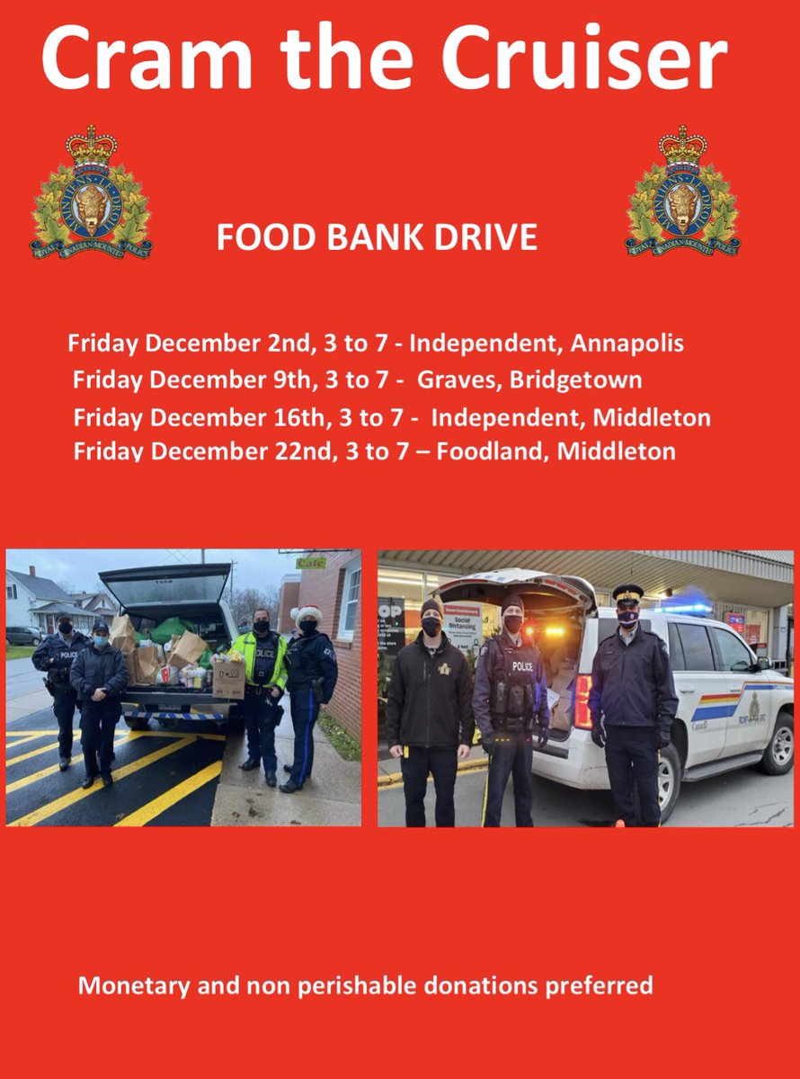 Annual Food Bank Drive. See poster for dates and locations.