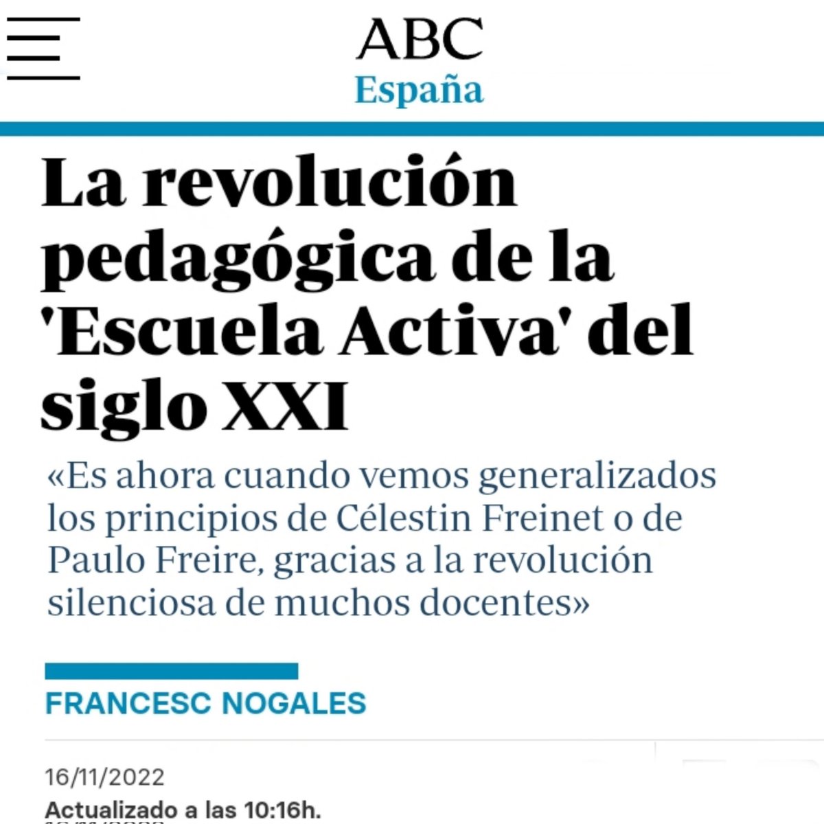 Gracias a <a href="/abc_es/">ABC.es</a> y a <a href="/ProfeFranNogale/">Francesc Nogales</a> por visibilizar el cambio en las aulas y formar parte de él. Es un honor estar incluido entre tanto referente🔝 La revolución pedagógica de la 'Escuela Activa' del siglo XXI abc.es/espana/comunid…